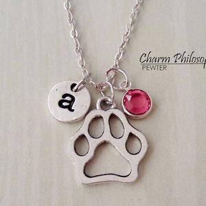 Dog Paw Necklace - Dog Paw Silhouette Jewelry - Monogram Personalized Initial and Birthstone