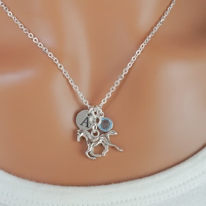 Puede incluir: Un collar de tono plateado con una cadena fina y tres dijes: un disco circular grabado con la letra A, una peque&ntilde;a piedra preciosa redonda de color azul claro y un dije plateado detallado de un caballo corriendo.