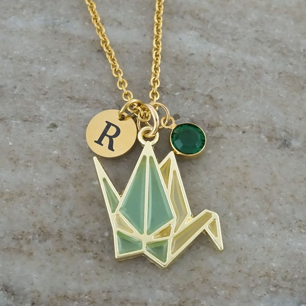 Origami Crane Necklace - Gold and Enamel Paper Crane Necklace - Personalized Initial and Birthstone - Origami Necklace - Origami Jewelry