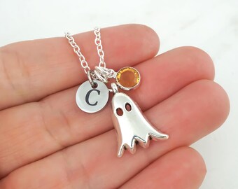 Ghost Necklace - Personalized Initial & Birthstone, Halloween Jewelry