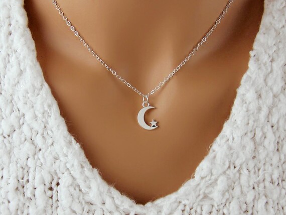 Collar De Plata De Ley 925 Con Luna Y Estrella De Luna