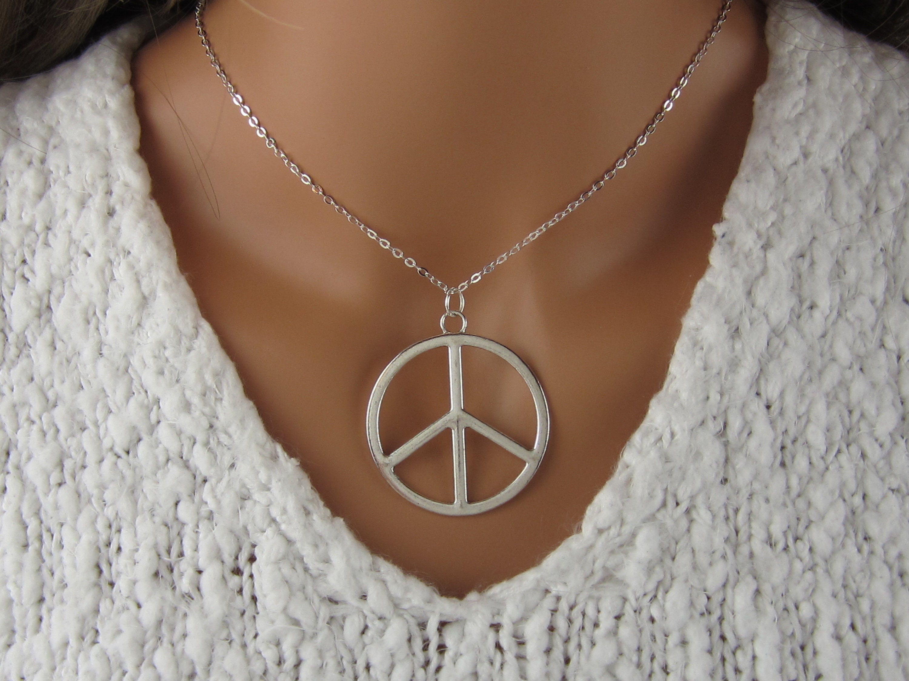 Silver Metal Peace Sign Necklace Hippy Jewellery main image 1