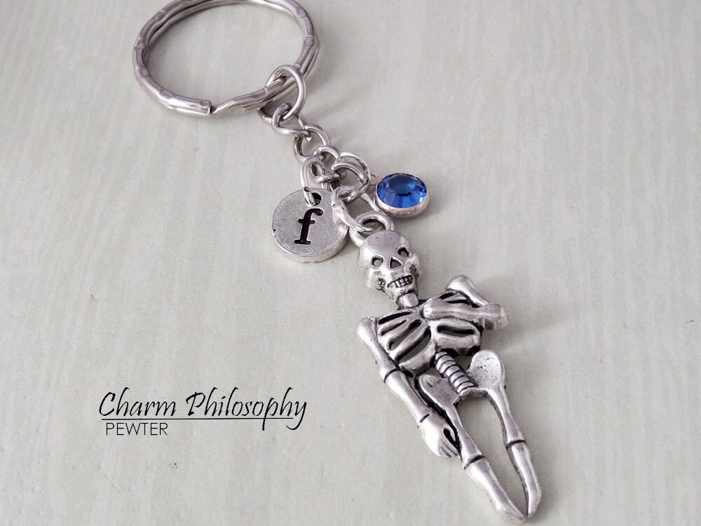 Skeleton Key Chain Personalized Initial and Birthstone Etsy