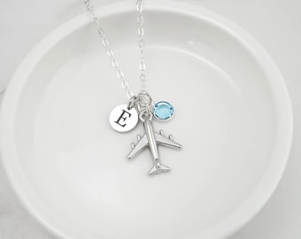 Silver Airplane Necklace - Personalized Silver Plane Charm Necklace - Travel Necklace - Monogram Personalized Initial and Birthstone