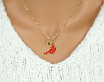 Red Cardinal Necklace or Keychain: Gold and Enamel Bird Jewelry, Memorial Gift