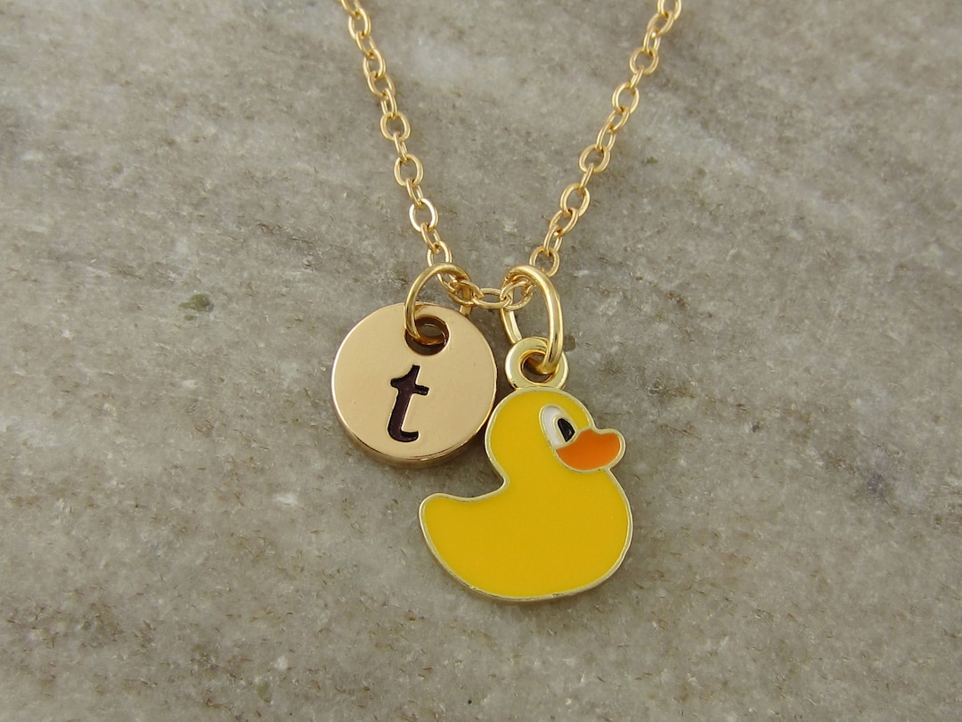 Rubber Ducky Necklace Yellow Epoxy Rubber Duck Charm Monogram Initial Necklace Antique Gold and