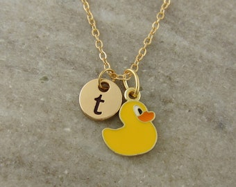 Yellow Rubber Ducky Necklace - Enamel Duck Charm, Personalized Initial Necklace