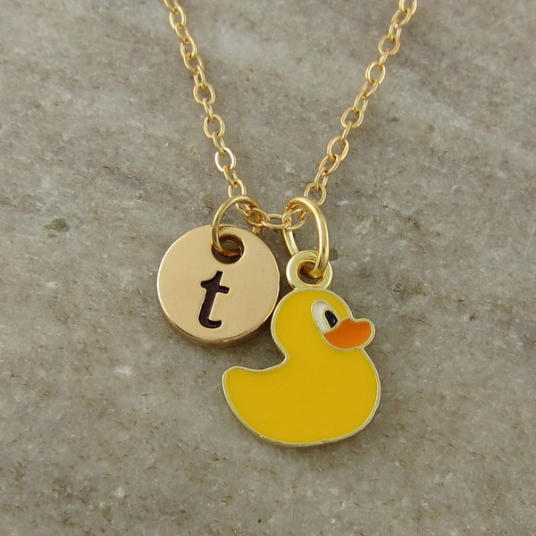 Rubber Ducky Necklace - Yellow Epoxy Rubber Duck Charm - Monogram Initial Necklace - Antique Gold and Enamel Duck Jewelry - Toy Duck