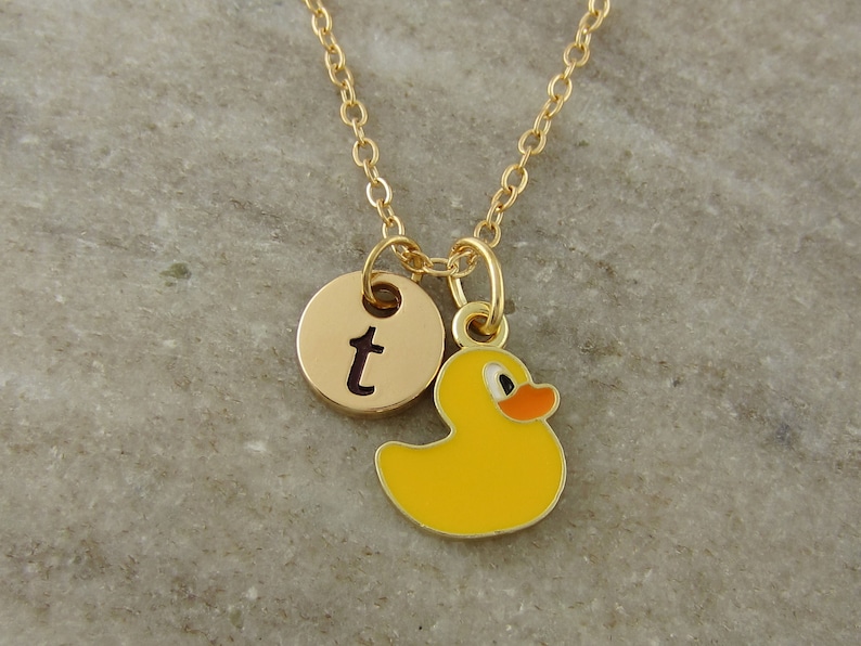 Toy Duck Monogram Initial Necklace Rubber Ducky Necklace Yellow Epoxy Rubber Duck Charm Antique Gold and Enamel Duck Jewelry