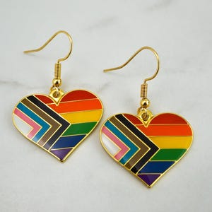 Progress Pride Flag Heart Earrings: Gold and Enamel LGBTQ Jewelry