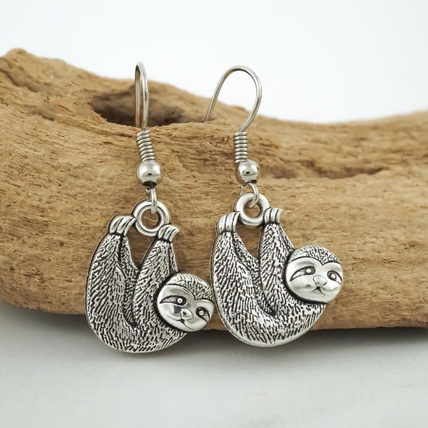 Sloth Earrings - Silver Sloth Charm Dangle Earrings - Animal Earrings - Sloth Jewelry - 925 Sterling Silver Hooks - Sloth Gifts