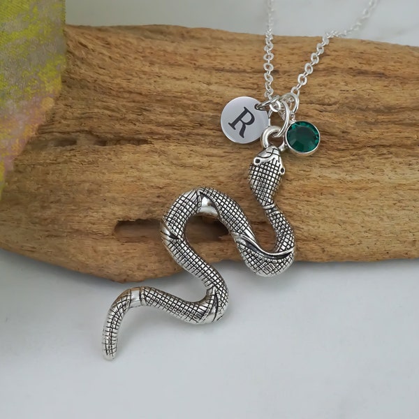 Personalized Snake Necklace - Antique Silver Boa Constrictor Jewelry - Birthstone and Initial Charm - Silver Snake Jewelry