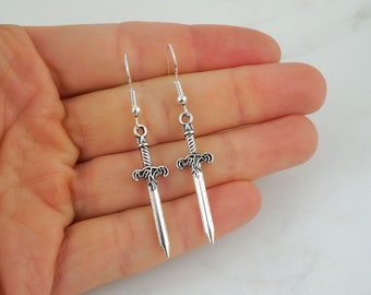 Silver Sword Earrings - Sword Jewelry - Sterling Silver, Steel or Silver Plated Shepherd Hooks - Matching Sword Necklace