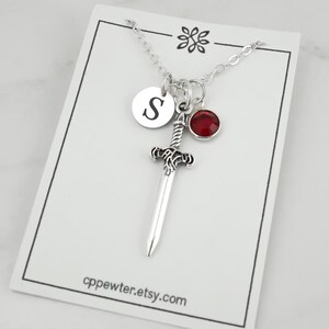 Sword Necklace - Personalized Knight's Sword Charm Necklace - Personalized Initial and Birthstone - Antique Silver Jewelry - Dagger Necklace image 5