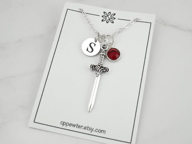 Sword Necklace - Personalized Knight's Sword Charm Necklace - Personalized Initial and Birthstone - Antique Silver Jewelry - Dagger Necklace image 5
