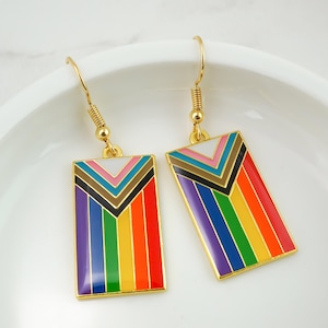 Progress Pride Earrings - Progress Pride Flag Charm Earrings - Rainbow LGBTQ Pride Gifts - Gold and Enamel Jewelry - Made in Canada