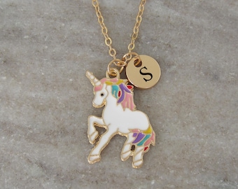 Gold Unicorn Necklace - Enamel White Unicorn Charm - Monogram Initial Necklace - Antique Gold Toned Jewelry - Unicorn Birthday Party Prizes