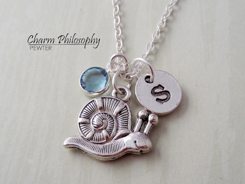 Silver Snail Pendant Monogram Personalized Initial and Birthstone Snail Necklace