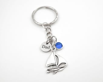 Sailboat Keychain, Personalized Initial and Birthstone Charm, Sailing Gifts
