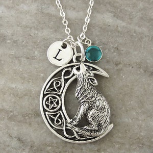 Celtic Wolf Necklace, Antique Silver Celtic Moon with Pentagram Star Pendant Howling Wolf Charm Monogram Personalized Initial and Birthstone
