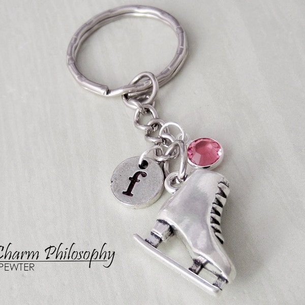 Ice Skate Key Chain - Personalized Monogram Initial and Preciosa Birthstone - Figure Skating Gifts