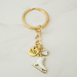 Schlittschuh Schlüsselanhänger - Eiskunstlauf Geschenke - Gold und Emaille Schlittschuh Schlüsselanhänger - Personalisierte Initiale und Geburtsstein - Schlittschuh Schlüsselanhänger