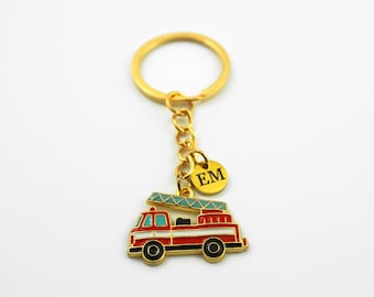 Firefighter Keychain - Personalized Gold and Enamel Fire Truck Charm Key Ring