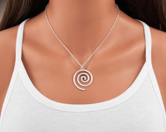 Large Spiral Necklace: Antique Silver Pendant Jewelry