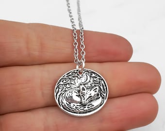 Silver Fox Necklace - Antique Silver Sleeping Fox Charm Necklace - Fox Jewelry - Fox Gifts