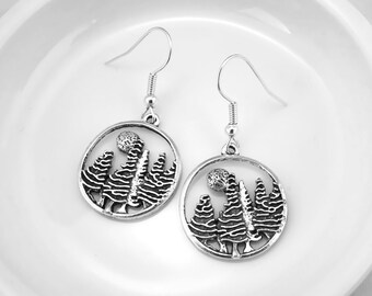 Round Tree Earrings: Antique Silver Woodland Forest Nature Jewelry