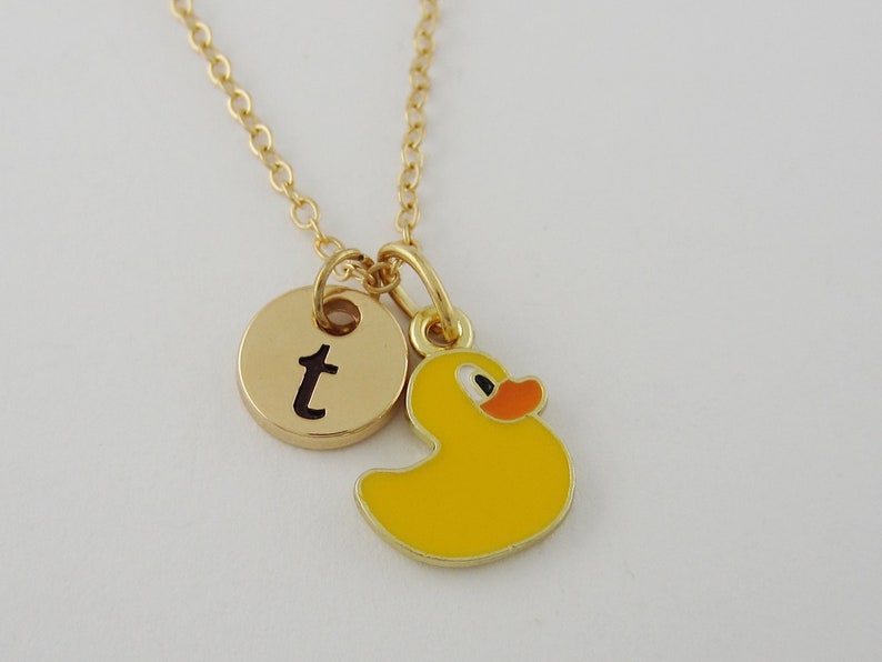 Toy Duck Monogram Initial Necklace Rubber Ducky Necklace Yellow Epoxy Rubber Duck Charm Antique Gold and Enamel Duck Jewelry