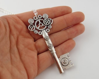 Steampunk Key Necklace - Vintage Inspired Skeleton Key Pendant - Antique Silver Jewelry - Large Old Fashioned Key Charm