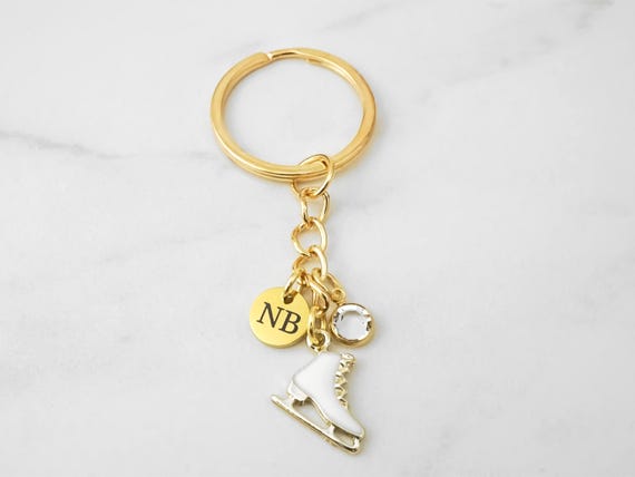 Ice Skate Keychain - Figure Skating Gifts - Gold and Enamel Ice Skating Keychain - Personalized Initial and Birthstone - Ice Skate Key Chain
