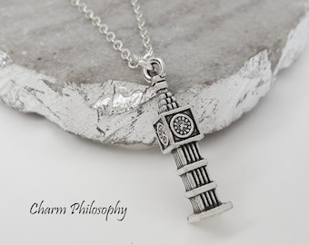 Sterling Silver Womens 1mm Box Chain 3D Big Ben Clock Tower Or Elizbeth Tower Pendant Necklace 
