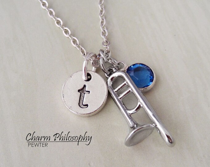 Trombone Necklace Instrument Jewelry Silver Jewelry Monogram Initial