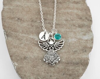 Angel Necklace - Memorial Jewelry - Monogram Personalized Initial and Birthstone