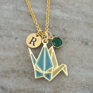 Origami Crane Necklace - Gold and Enamel Paper Crane Necklace - Personalized Initial and Birthstone - Origami Necklace - Origami Jewelry