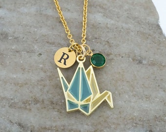 Origami Crane Necklace - Gold and Enamel Paper Crane Charm Jewelry - Personalized Initial and Birthstone
