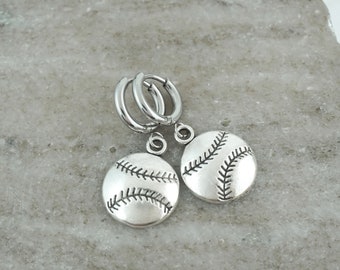 Baseball Earrings - Silver Baseball Jewelry, Huggie Hoop Hooks, Shepherd Hooks, Sports Jewelry, Baseball Gifts, Baseball Team Gifts