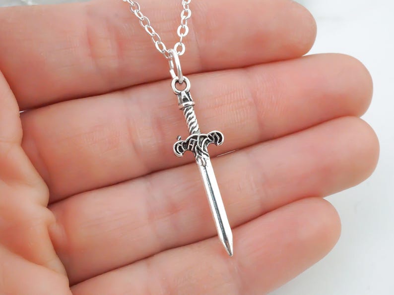 Sword Necklace - Personalized Knight's Sword Charm Necklace - Personalized Initial and Birthstone - Antique Silver Jewelry - Dagger Necklace image 2