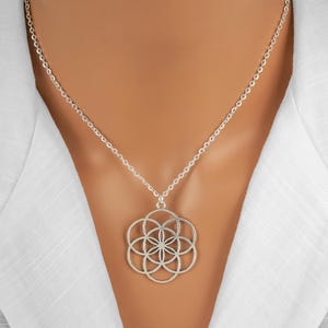 Large Flower of Life Necklace - Silver Flower of Life Charm Necklace - Antique Silver Toned Jewelry - Spiritual Necklace