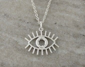 Eye Necklace - Silver Eye with Eyelashes Charm Necklace - Antique Silver Jewelry