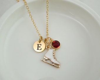 Ice Skate Necklace - Figure Skating Gifts - Gold and Enamel Ice Skating Necklace - Personalized Initial and Birthstone - Ice Skate Keychain