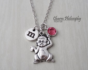 Baby Monkey Necklace - Antique Silver Charm - Monogram Personalized Initial and Birthstone - Little Girls Jewelry