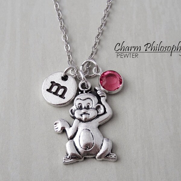 Baby Monkey Necklace - Antique Silver Charm - Monogram Personalized Initial and Birthstone - Little Girls Jewelry