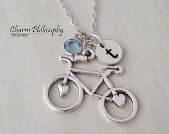 Bicycle Charm Necklace - Antique Silver Jewelry - Monogram Personalized Initial and Birthstone - Bike Rider's Gifts