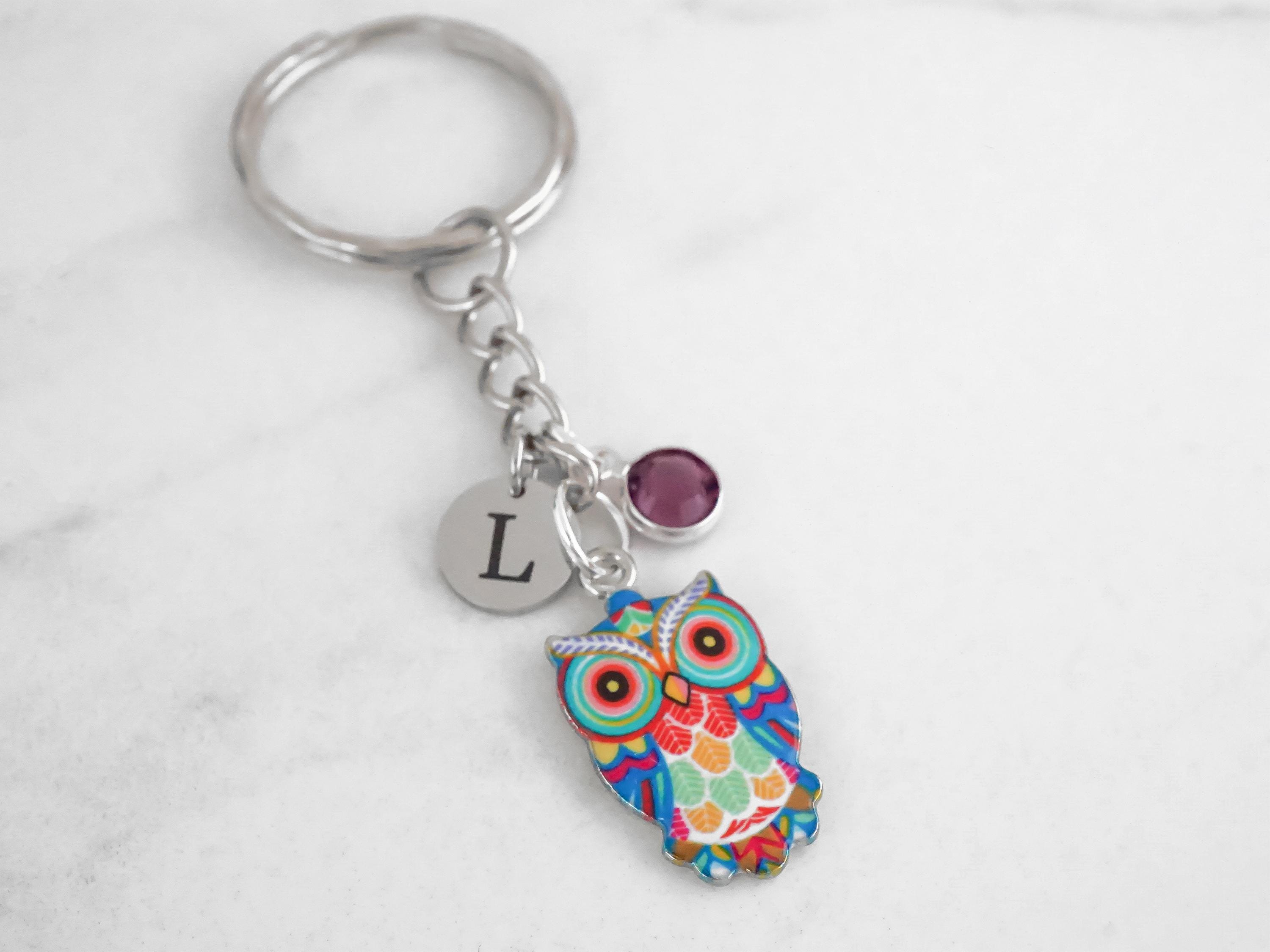 Colorful Owl Key Chain - Night Owl Charm Keyring - Personalized Personalized Initial and Birthstone 