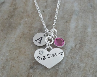 Big Sister Necklace - Antique Silver Jewelry - Monogram Personalized Initial and Birthstone - Heart Charm - Big Sister Gift