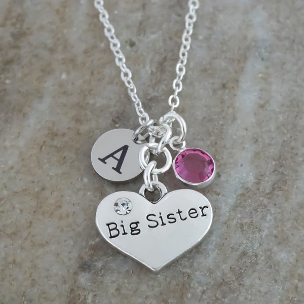 Big Sister Necklace - Antique Silver Jewelry - Monogram Personalized Initial and Birthstone - Heart Charm - Big Sister Gift