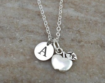 Apple Necklace - Teacher Gift - Antique Silver Jewelry - Personalized Monogram Initial Necklace